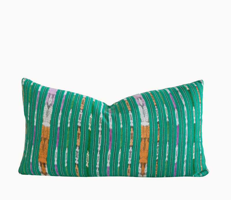 Guatemalan Corte Pillow, hand woven turquoise striped ikat lumbar cushion
