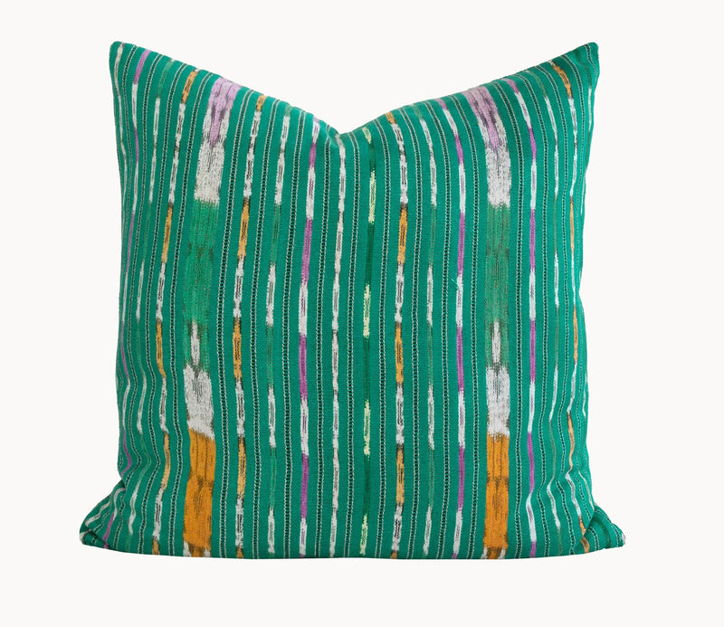 Guatemalan Corte Pillow, hand woven turquoise striped ikat throw cushion