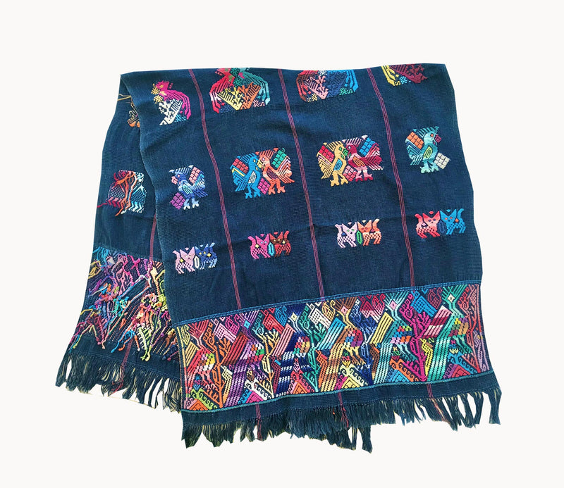 Guatemalan Textile, indigo blue table runner with colourful embroidery, originally a Nahuala tzute