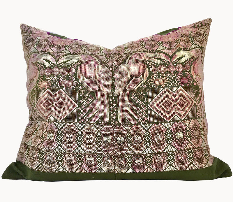 Guatemalan Huipil Textile Pillows, vintage, hand embroidered pair of toucan birds amidst geometric shapes