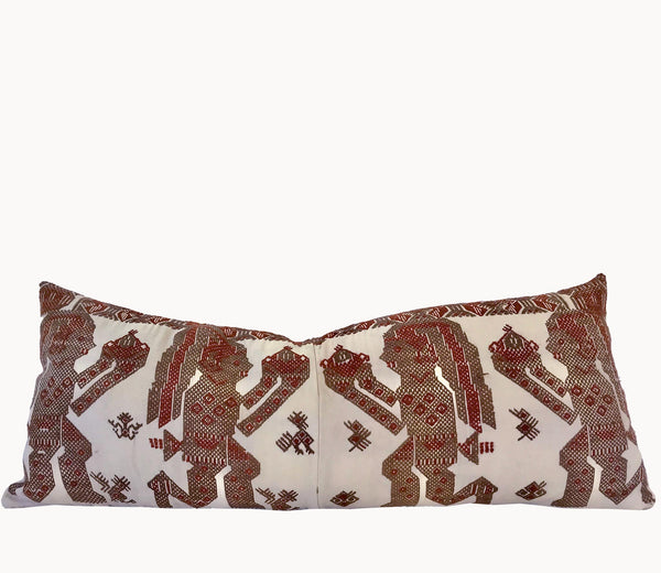 Guatemalan Huipil Textile Pillow, vintage, hand embroidered long lumbars of brown Mayan Shamans in ceremony 