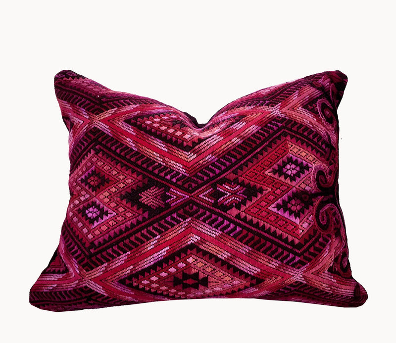 Guatemalan embroidered huipil pillow. Geometric chevron design in bold fuchsia 