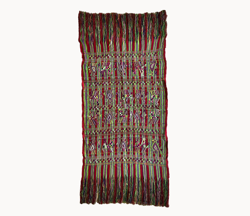 Guatemalan Textile, red and green hand embroidered table runner with fringe, originally a Nebaj tzute