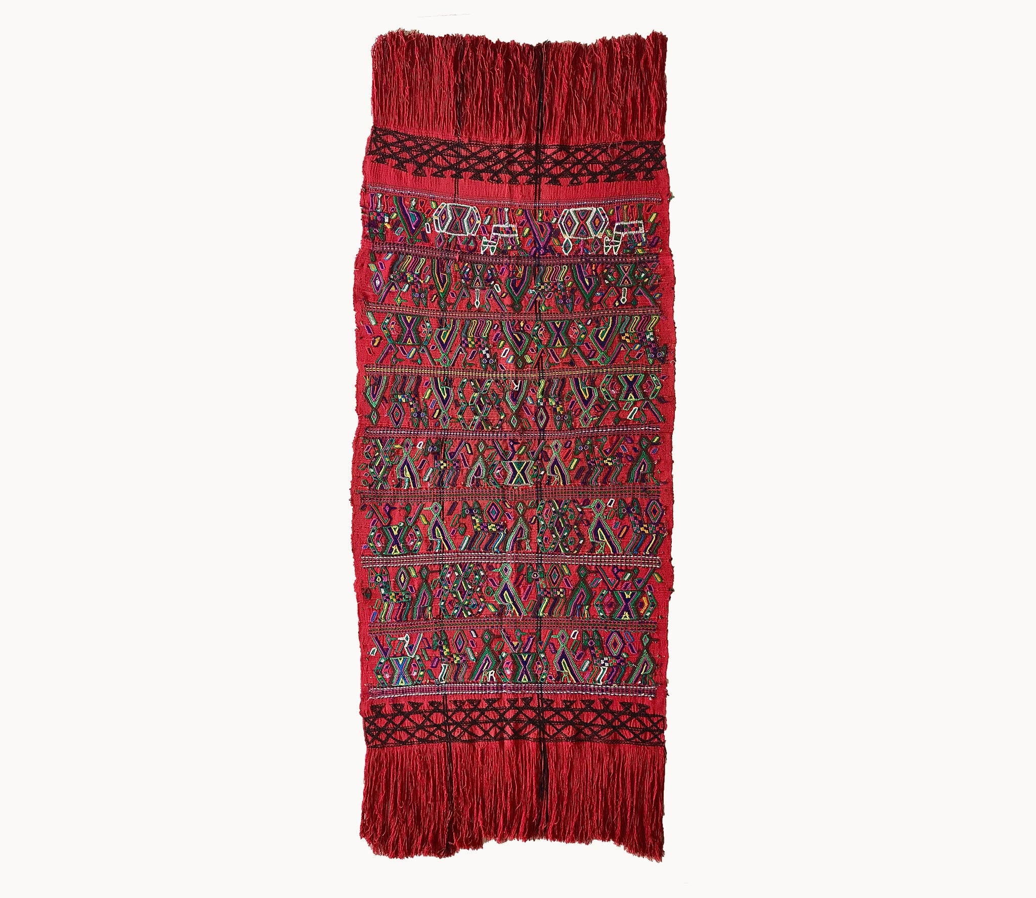 Guatemalan Textile, red table runner with colourful embroidery, originally a Nahuala tzute