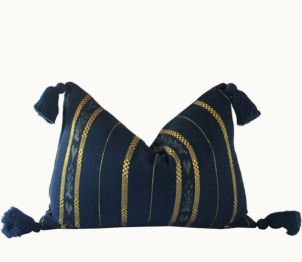 Guatemalan Textile Pillow, vintage, hand woven navy blue and gold striped lumbar cushion with tassels