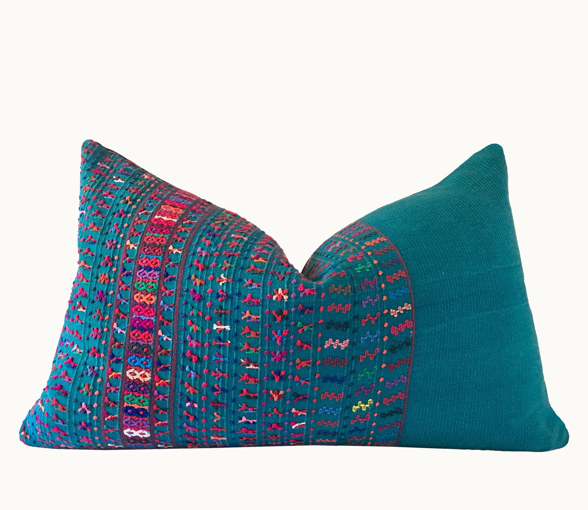 Guatemalan Huipil Pillow, vintage, hand woven teal lumbar cushion from San Lucas 