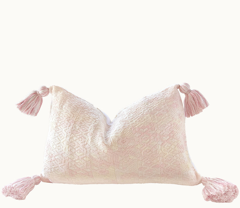 Guatemalan Huipil Pillow, vintage, hand woven blush pink lumbar cushion from Coban
