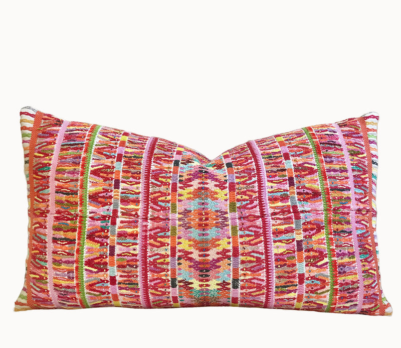 Vintage textile cushions made from a Guatemalan huipil and corte.
