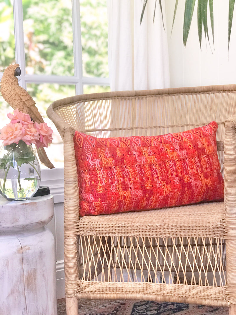 Guatemalan embroidered huipil pillow. Orange Coban.