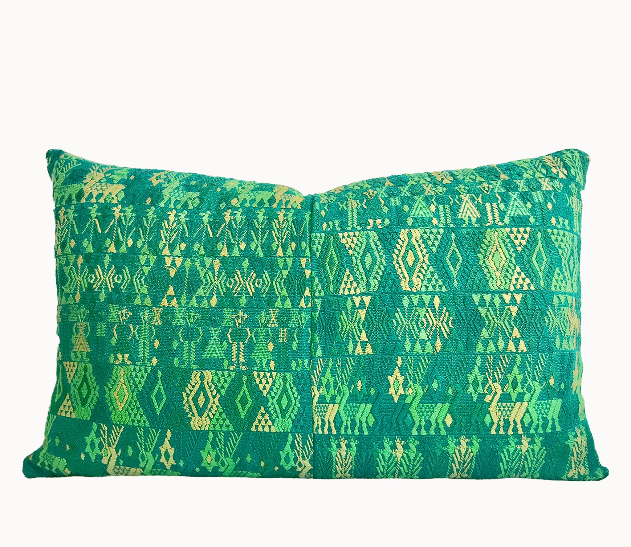 Guatemalan embroidered huipil pillow. Green Coban.