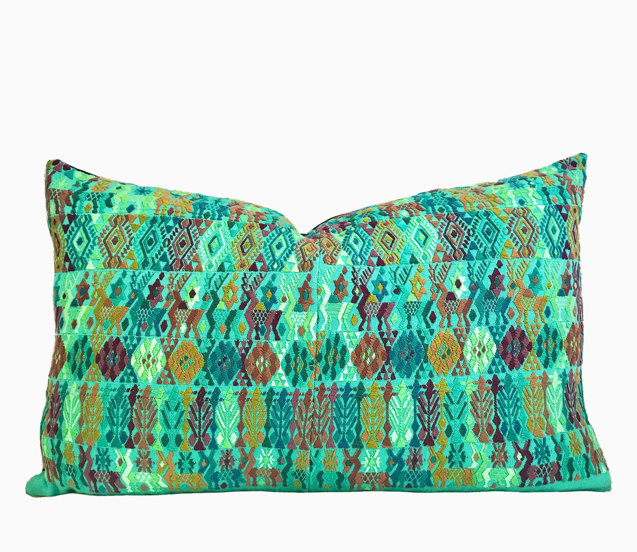 Guatemalan embroidered huipil pillow. Green Coban.