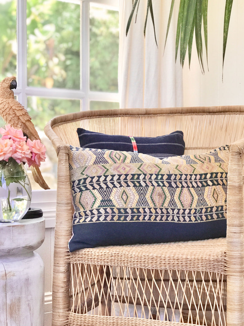 Guatemalan embroidered huipil pillow. Blue Geometric Chichicastenango.