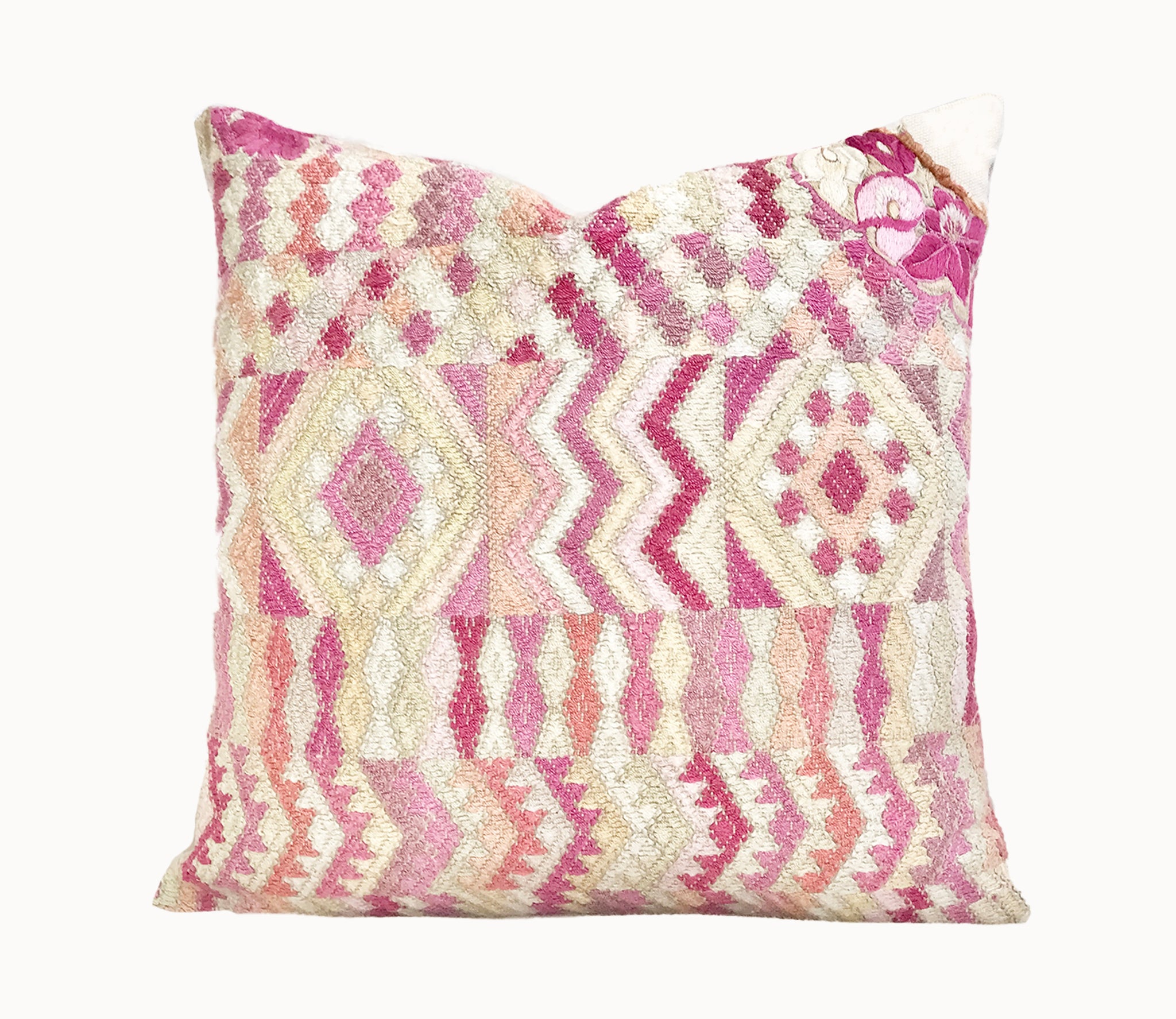 Guatemalan embroidered huipil pillow. Geometric pink.