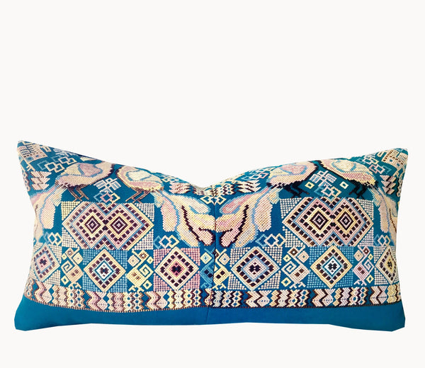 Vintage Textile Cushion Blue Guatemalan Huipil L AMOUR ARTISANS