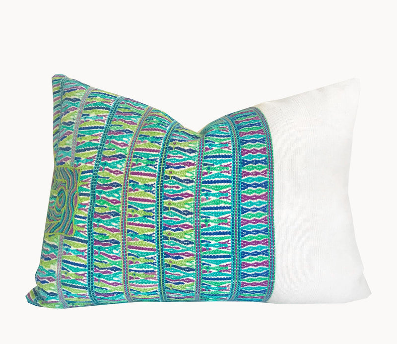 Guatemalan Huipil Pillow, vintage, hand woven blue and white lumbar cushion from San Juan Cotzal 