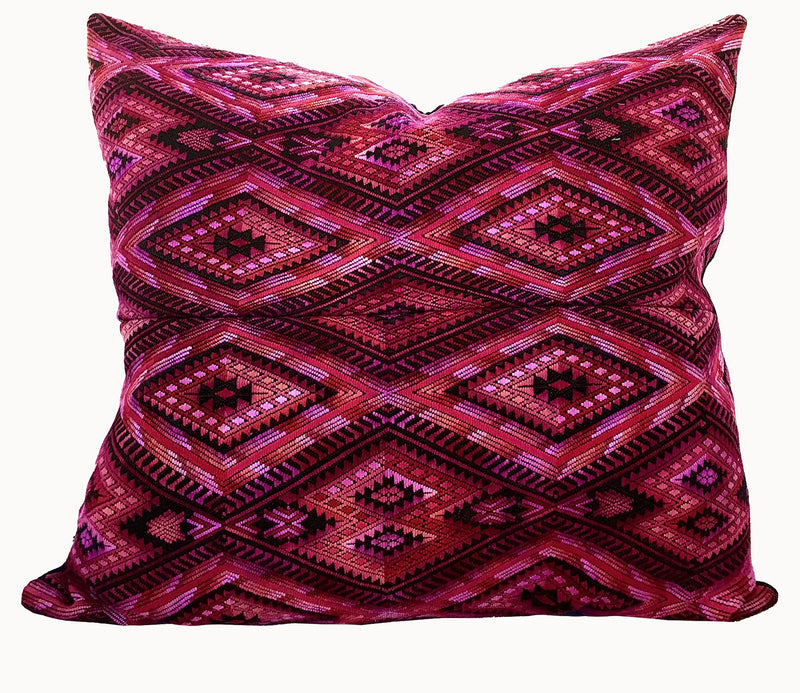 Guatemalan embroidered huipil pillow. Geometric chevron design in bold fuchsia 