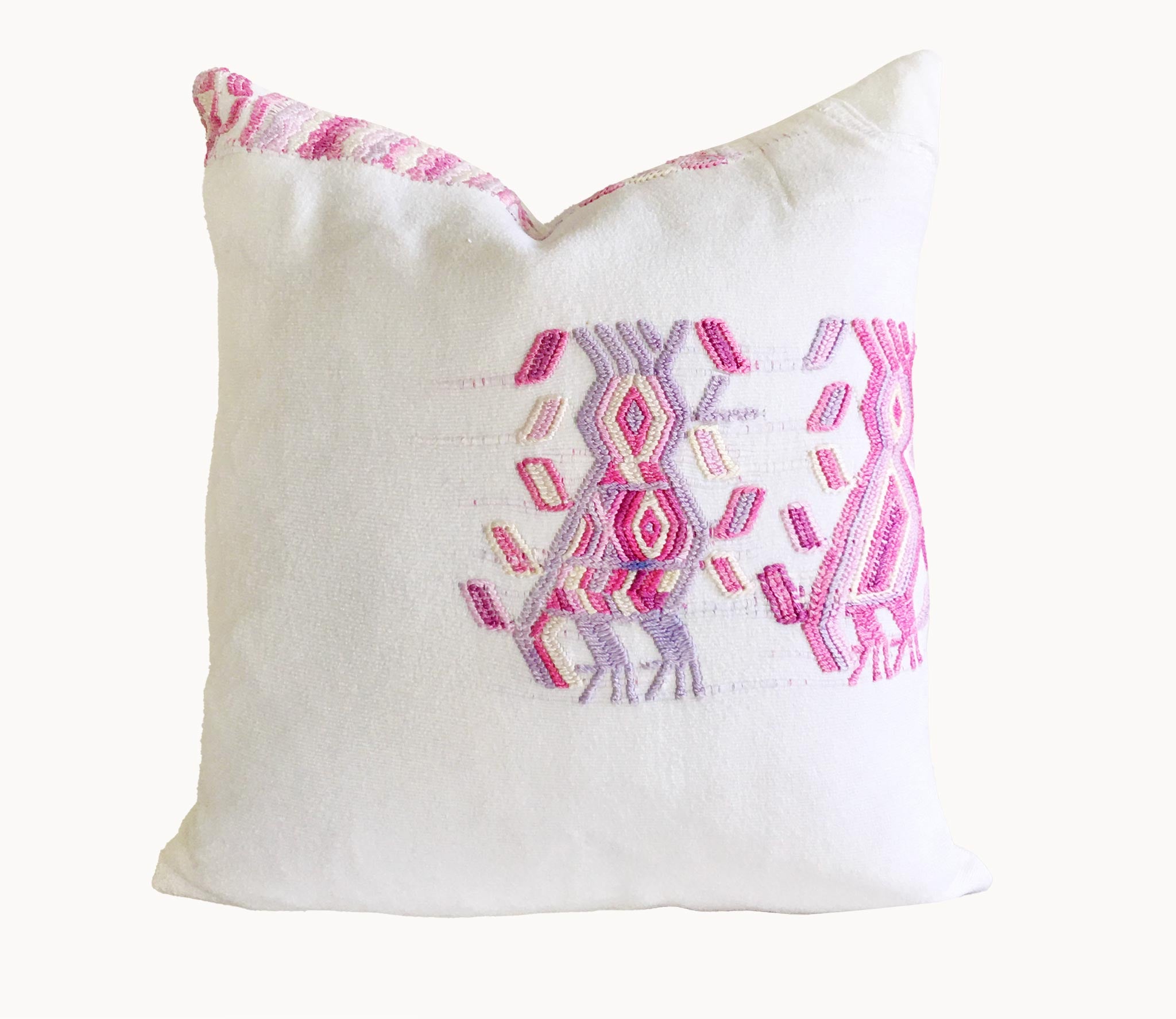 Set of 3 Guatemalan Huipil Pillows, vintage, hand embroidered textiles in hot pink and white with a playful tribal design