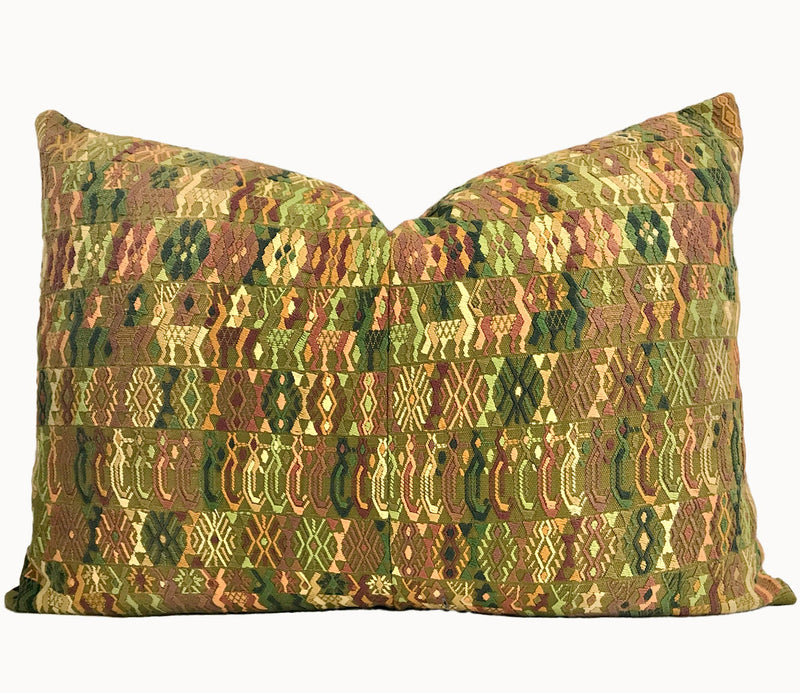 Guatemalan embroidered huipil pillow. Tribal symbols for bohemian decor.