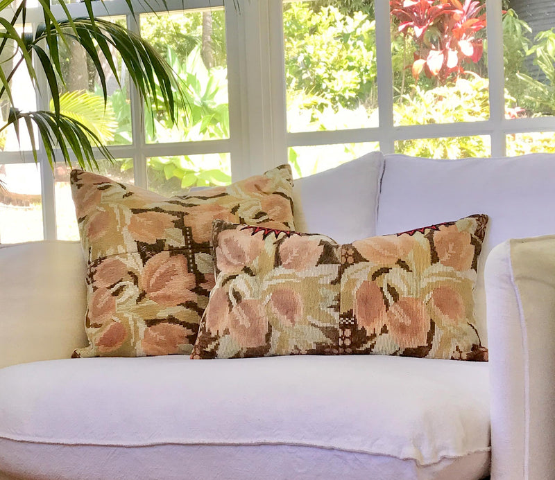 Vintage textile pillows made from a Guatemalan huipil and corte