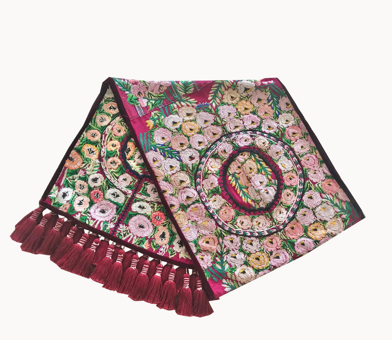 Guatemalan Textile, floral table runner with tassels made from 4 huipiles from Patzun