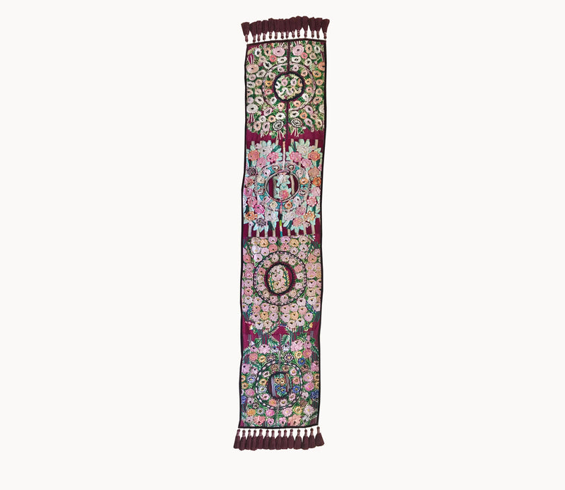 Guatemalan Textile, floral table runner with tassels made from 4 huipiles from Patzun