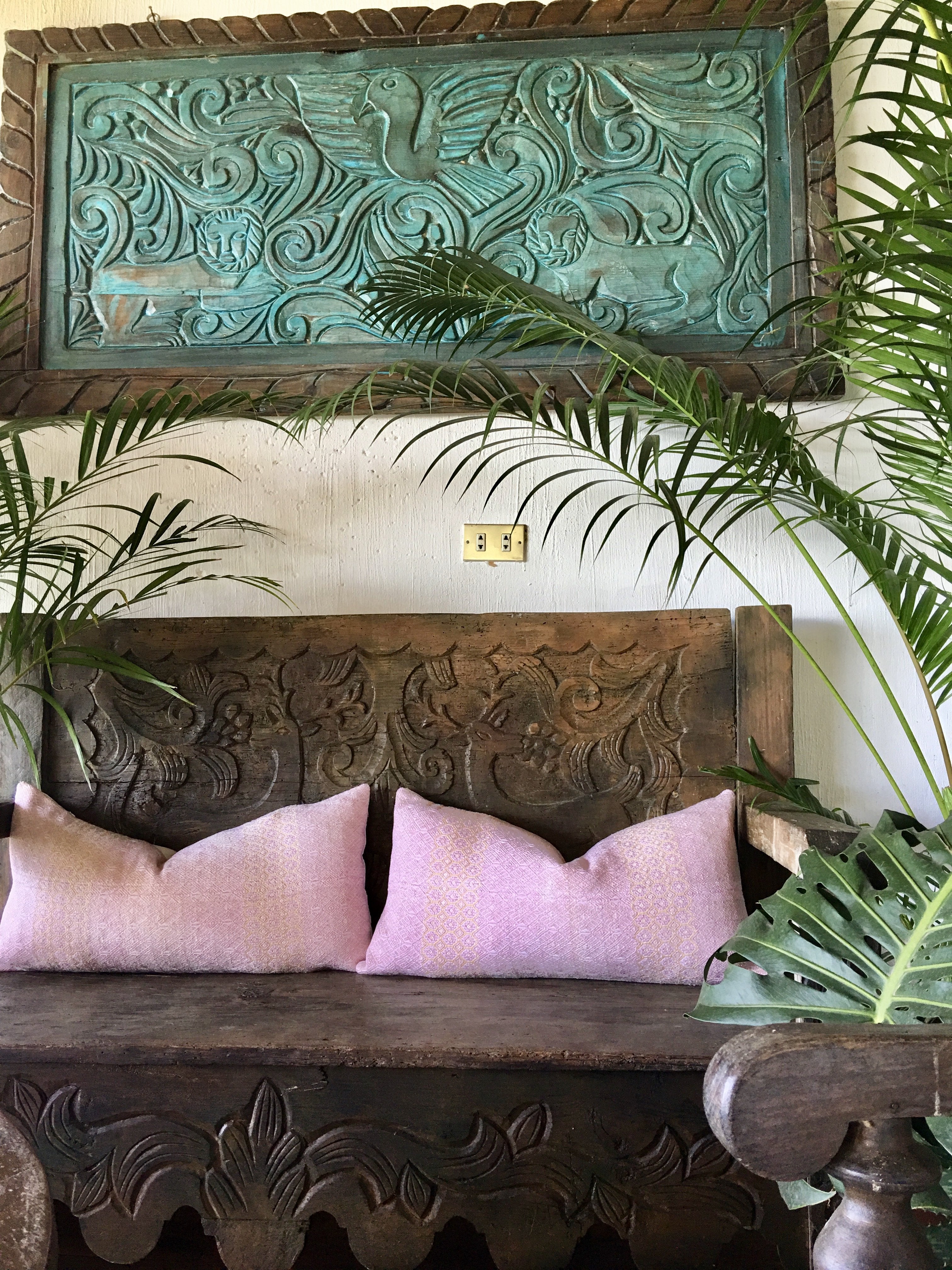 Guatemalan Huipil Pillow, vintage, hand woven blush pink lumbar cushion from Nahuala 