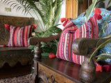 Guatemalan Textile Pillow, vintage, hand woven pink striped ikat throw cushion with tassels