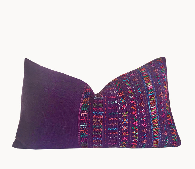 Guatemalan Huipil Pillow, Vintage, hand woven purple embroidered lumbar cushion from San Lucas