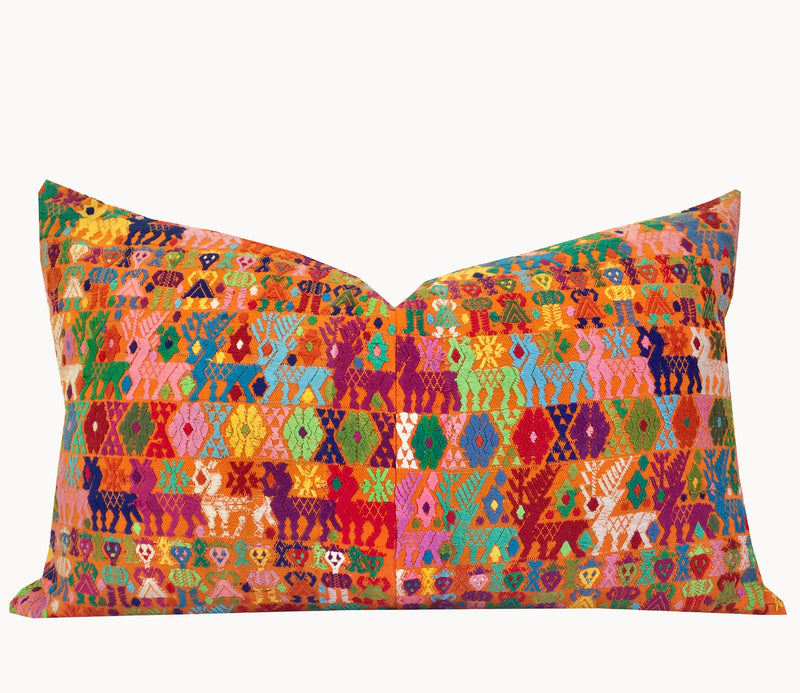 Guatemalan Huipil Pillow - Orange Coban II