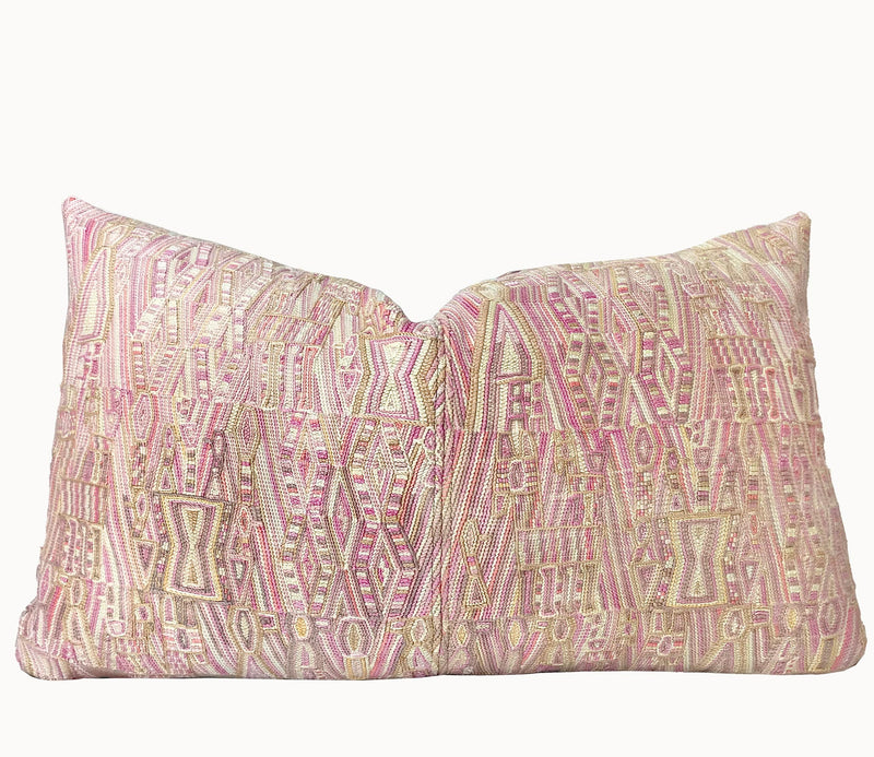Guatemalan Huipil Pillow, vintage, hand embroidered textile in a beautiful blush and golden beige with subtle abstract tribal figures 