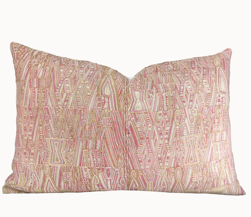 Guatemalan Huipil Pillow, vintage, hand embroidered textile in a beautiful blush and golden beige with subtle abstract tribal figures 