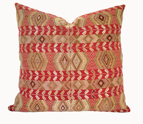 Guatemalan Huipil Pillow, vintage, hand embroidered red and gold Chichicastenango textile depicting a geometric design representing wheat