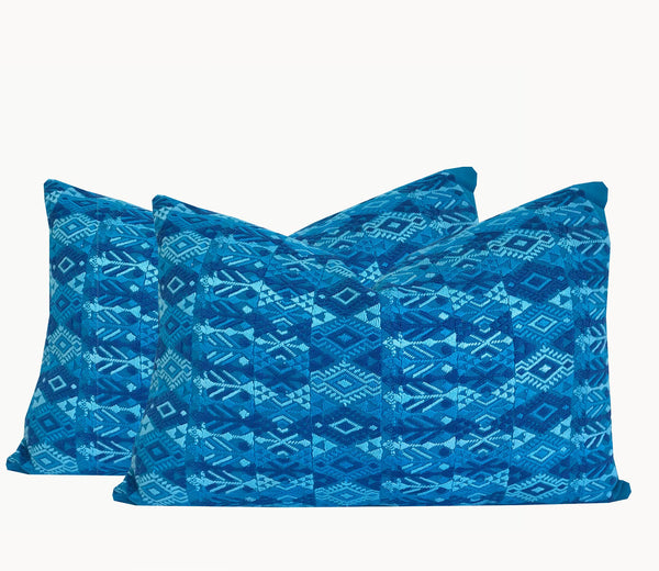2 Guatemalan Huipil Textile Pillows, vintage, hand embroidered blue bohemian cushions from Coban