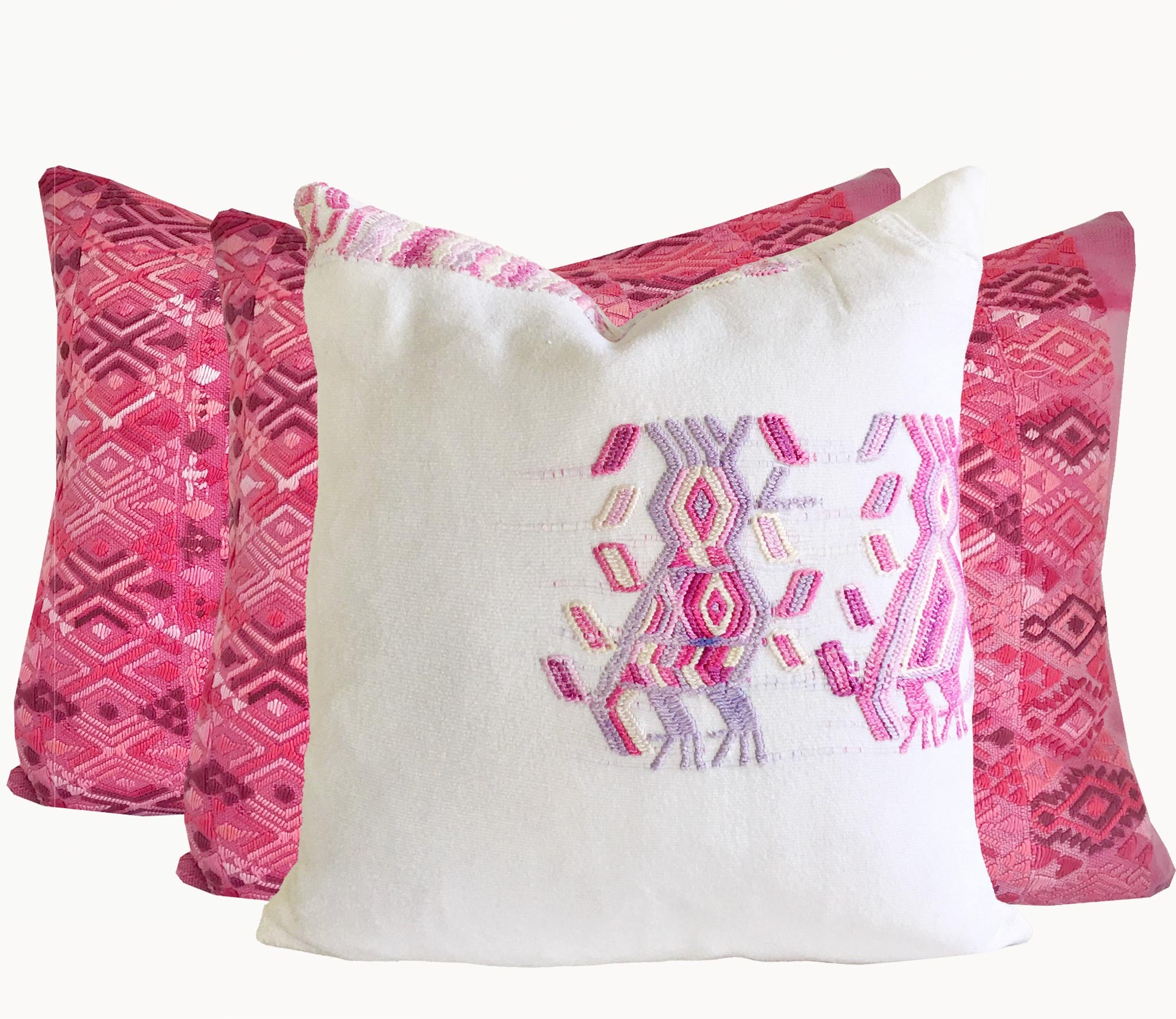 Set of 3 Guatemalan Huipil Pillows, vintage, hand embroidered textiles in hot pink and white with a playful tribal design