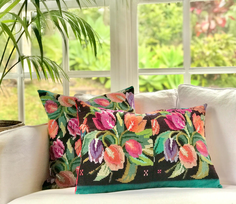 Vintage textile cushions made from a Guatemalan huipil and corte.